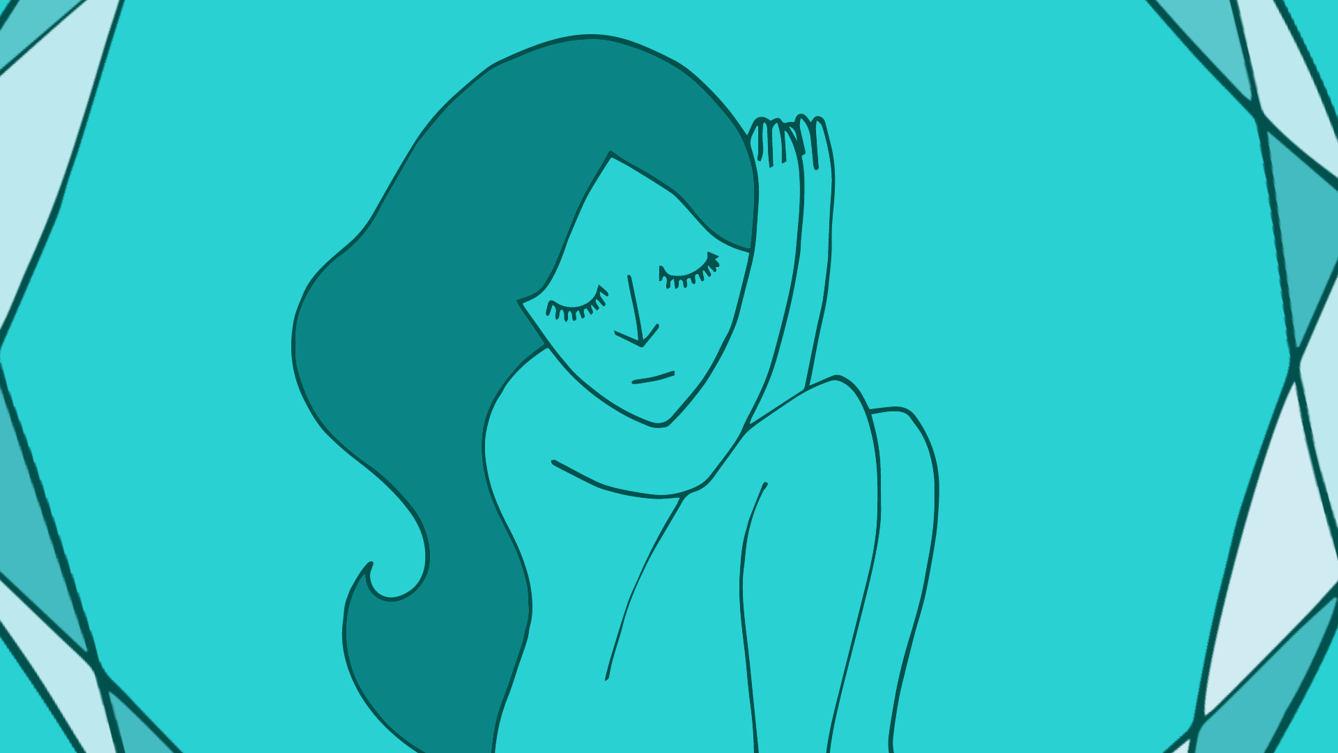 animation frame of a cute girl sleeping inside a turquoise crystal, hand-illustrated art