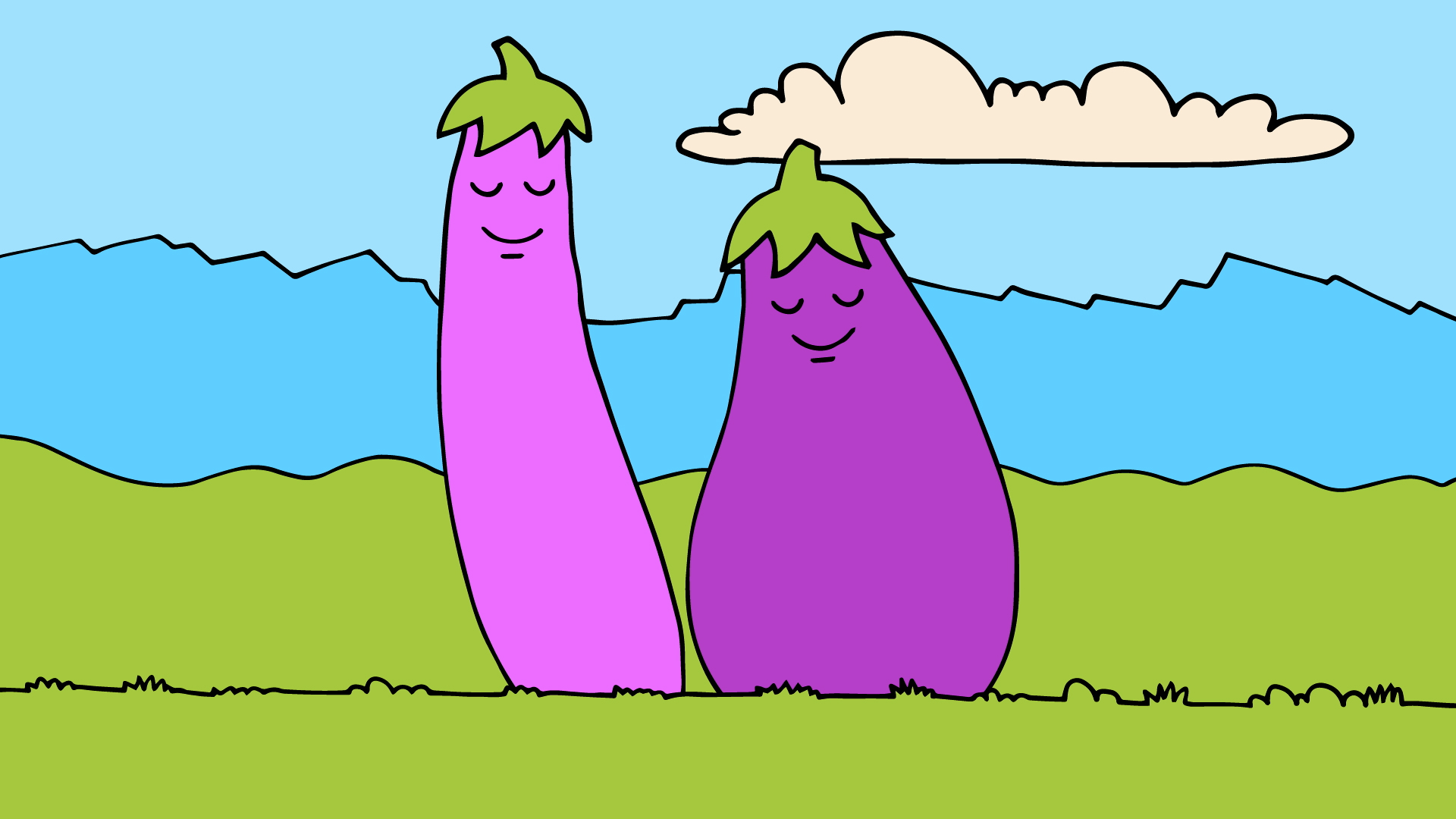 two eggplants side by side with gentle smiles standing along in an open countryside, hand-illustrated