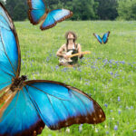 blue morph butterflies fly mystically around a musician in a field of wildflowers