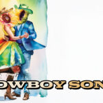 cowgirl and cowboy with sunflower heads and cowboy hats two-stepping, watercolor style