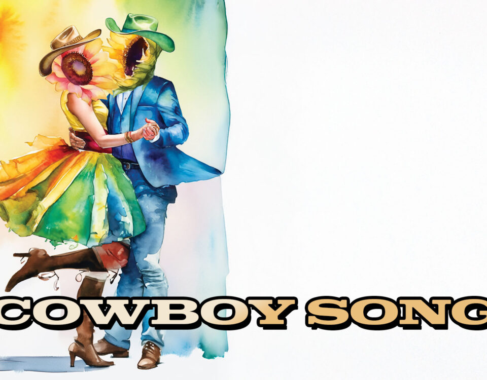 cowgirl and cowboy with sunflower heads and cowboy hats two-stepping, watercolor style